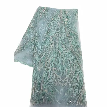 

Factory Price Top-end Sequins Beaded Heavy Handmade Bridal Embroidery Lace Fabric Green Color Tulle For Nigerian Evening Dress