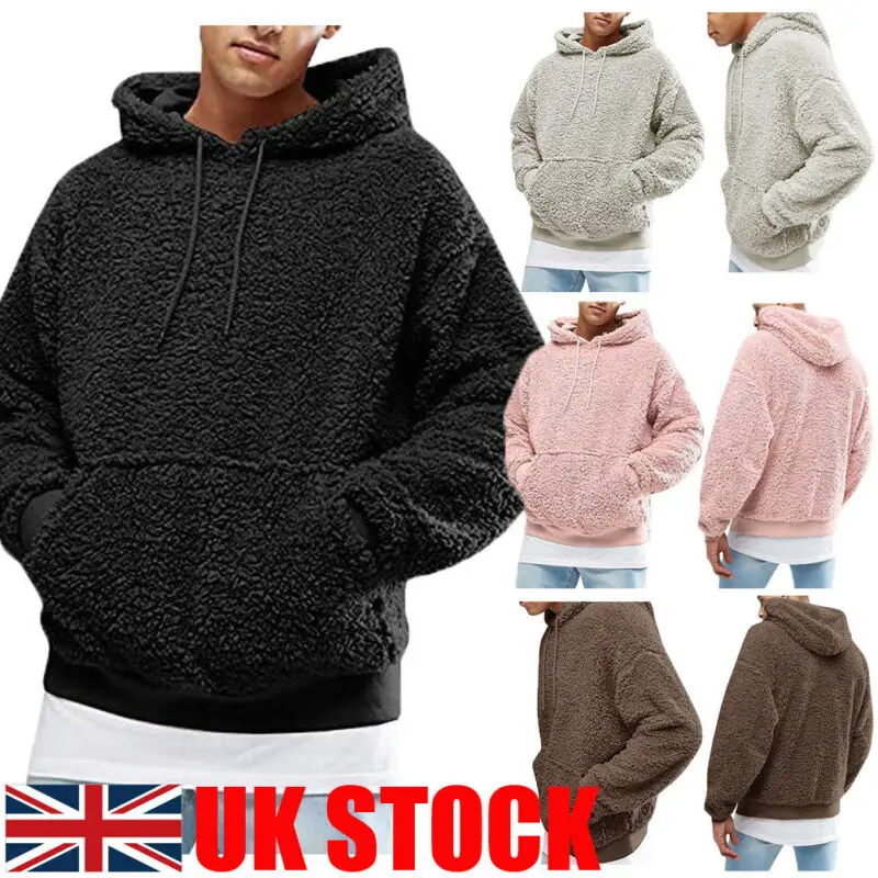  UK Men Fashion Warm Fluffy Hoodie Pullover Fleece Sweatshirt Casual Hooded Solid Coat Jumper Autumn