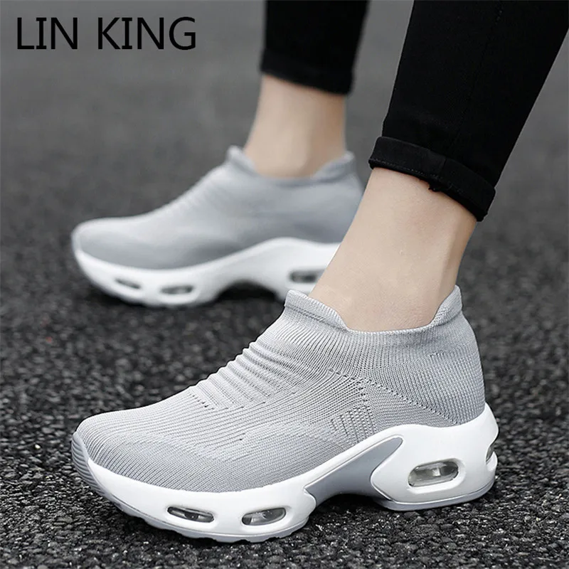LIN KING/Женская обувь Не сужающиеся книзу кроссовки Дышащая вязаная Повседневная