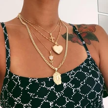 4 шт./компл. многослойное Цветочное сердце крест Лев с украшением в виде кристаллов колье Цепочки и ожерелья для Для женщин Золотой Цепочки и ожерелья с воротом богемное колье ювелирные изделия