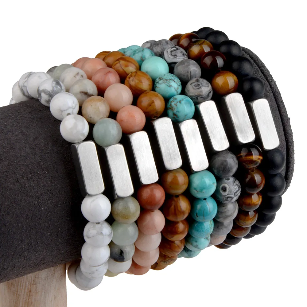 Naturstein Perlen Armband Edelstahl Platz Tiger Auge Lava Klassische Natürliche Stein Armband Für Frauen Männer Schmuck – Detail 13