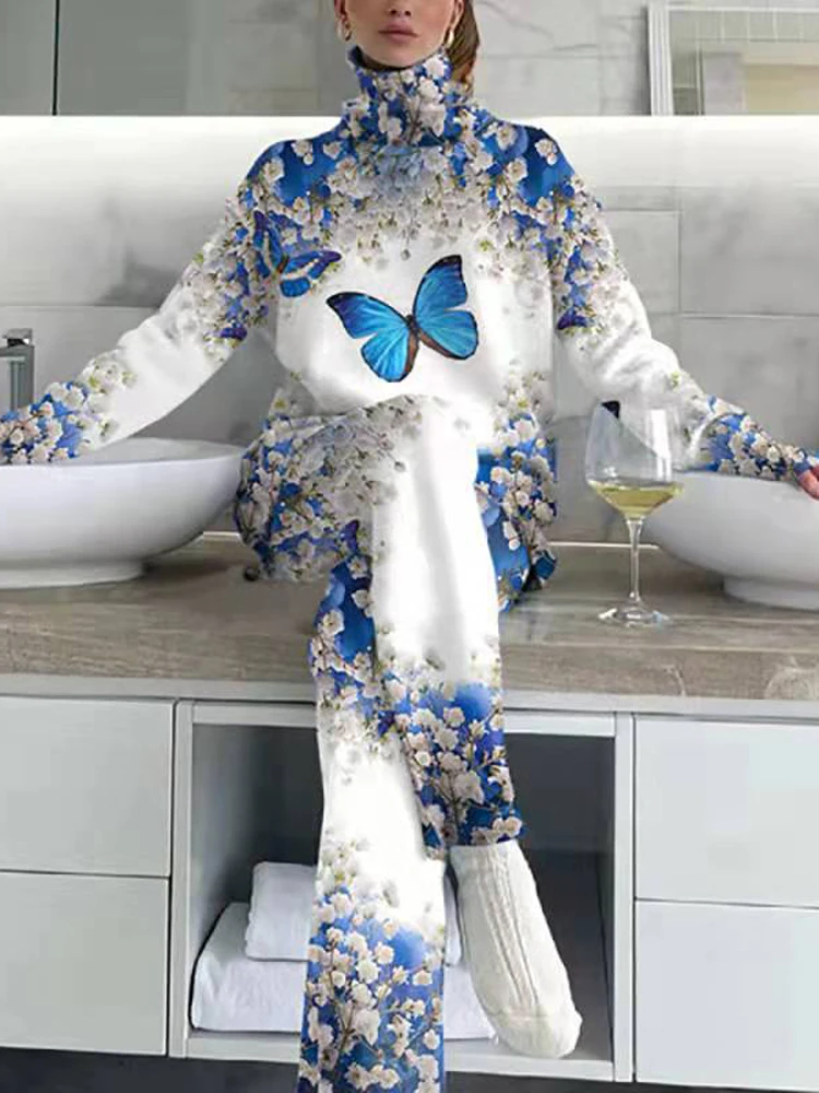 

Spring Autumn Fashion Turtleneck Sweatshirt Pullover + Pants Pajama Set Ladies Geometric Printing 2-Piece Casual Homewear Set