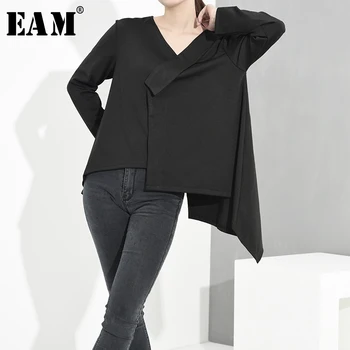 

[EAM] Women Black Brief Asymmetrical Long Big Size T-shirt New V-Neck Long Sleeve Fashion Tide Spring Autumn 2020 1B348