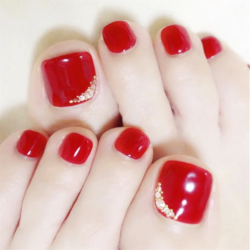 24pcs Red Toe False Nails Rhinestones Nail Art Decoration Flat French Fake Toe  Nails Press On Nails Tips Fake Nails With Glue
