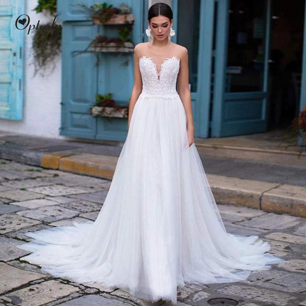 

Optcely Robe De Mariee White Long See-through O-neck Train Appliques A-Line Wedding Dress 2019 New Beading Bride Princess Dream