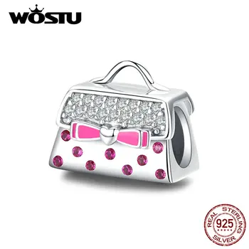 

WOSTU Fashion 925 Sterling Silver Hand Bag Beads Pink Zircon Bowknot Charms Fit Original Bracelet Pendant Girls Jewelry DXC1391