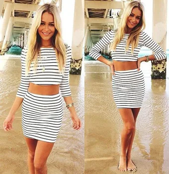 

Summer Clothes For Fashion Trend Sexy Stripe O-Neck Half Sleeve Tops And Dress Women Set Nine Points Sleeve Stripe Women Outfit