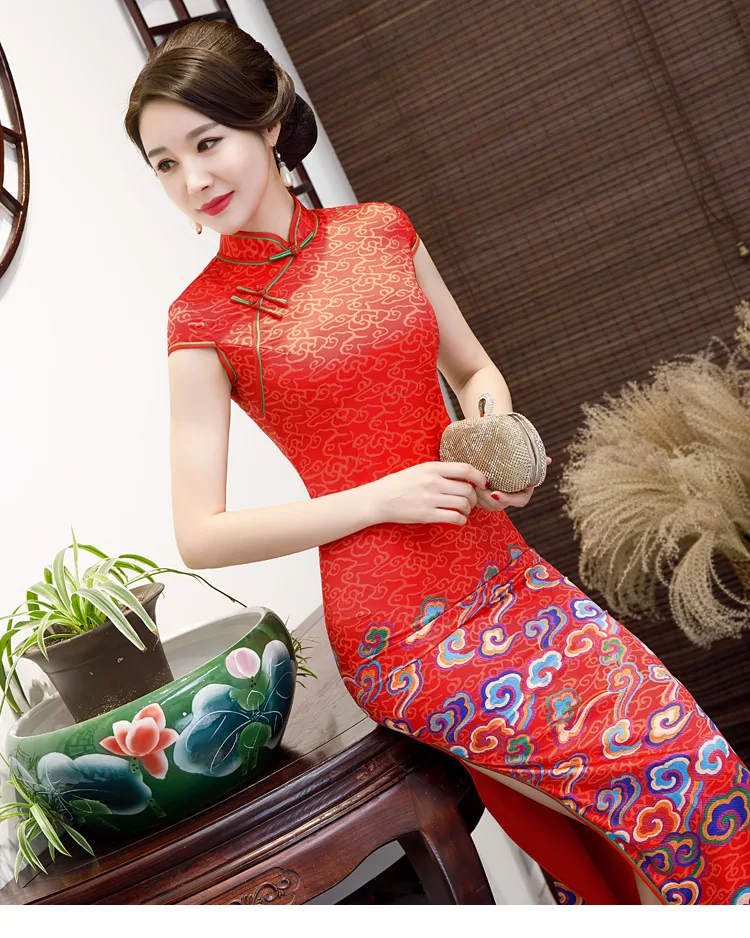 Китайский стиль длинный Чонсам красный Чонсам с вышивкой шоу церемониальное Ципао печатных и тонкий Cheongsam невесты платье винного цвета