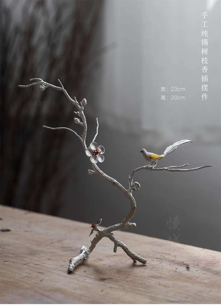 Handmade pure tin ornament plum bird flower tree ornament blossom tin incense seat tea pet incense plug creative home tea