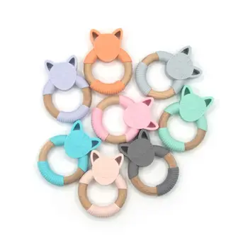 

Infants Nursing Accessories Baby Teether Cartoon Cat Shape Silicone Wooden Ring Kids Newborn Chew Toy