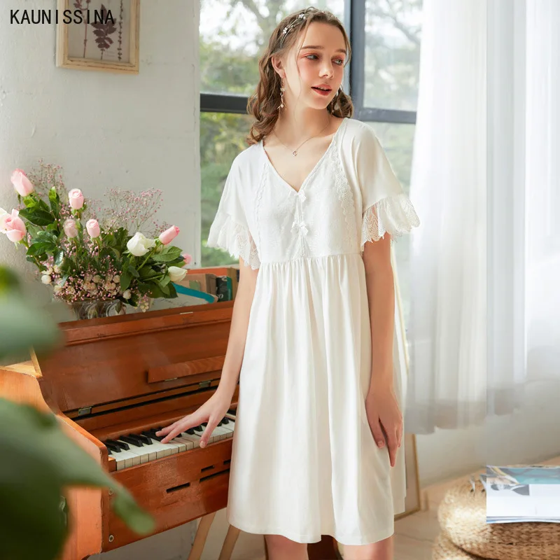 

100% Cotton Nightdress Women Short Sleeve Summer Sleepwear Sweet Retro Lace Short Princess Style Nightgown Loose Night Dress
