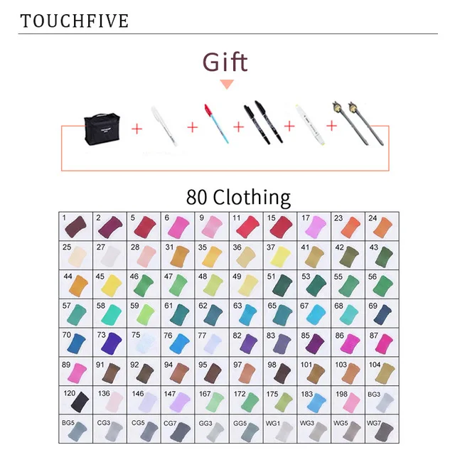 80 CLOTHING TouchFIVE маркер для рисования комплекты 30/40/60/80/168 Цвета аниме студент эскиз конструкции манга спиртовой фломастер для рисования(легкое белое ручки - Color: 80 CLOTHING