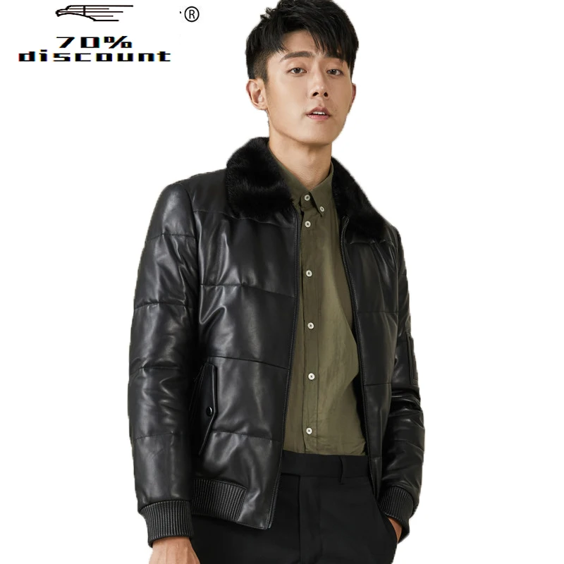 

Genuine Sheepskin Leather Jacket Men Mink Fur Collar Autumn Winter Down Coat Mix Geora MG-00-2622 KJ2299