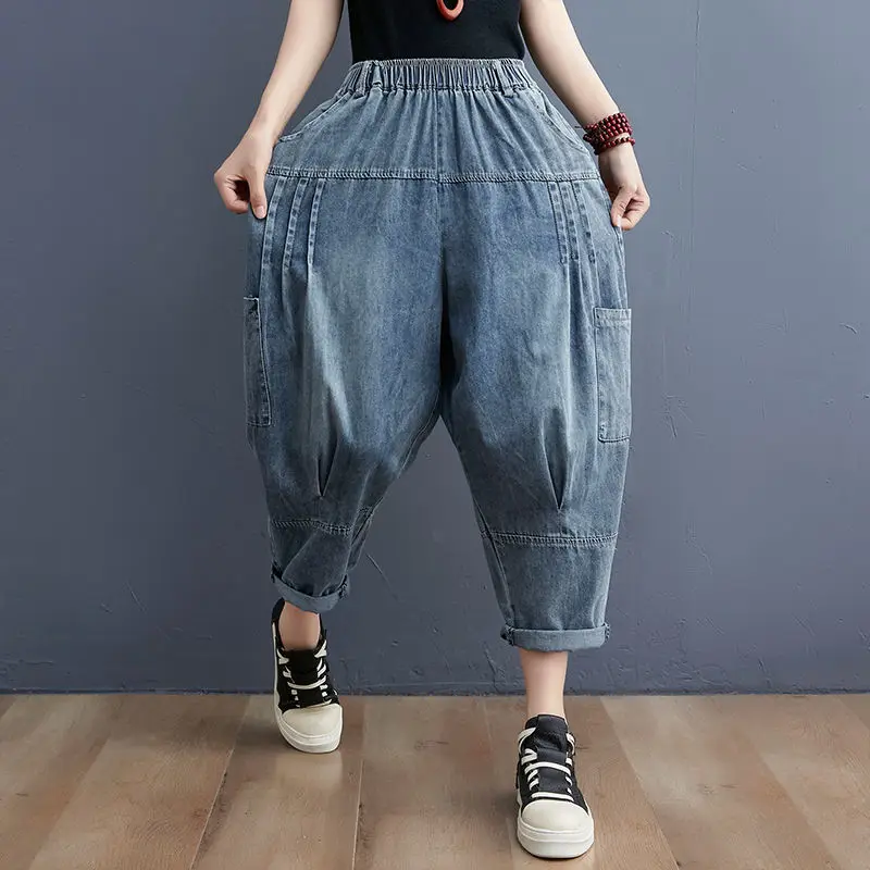 

Women Denim Pants Blue Pockets Vintage Trouser 2022 Spring New Elastic Waist Fly Wide Leg Pants For Women Clothing Jeans