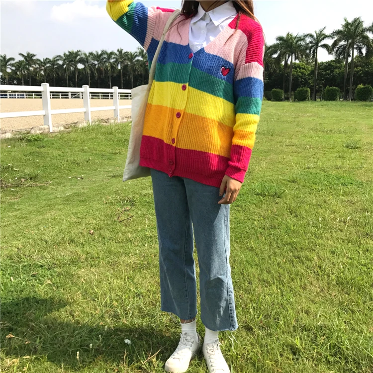 Женский свитер Kawaii Ulzzang, Радужный полосатый кардиган с вышитыми буквами, вязаные женские свитера в стиле Харадзюку для женщин