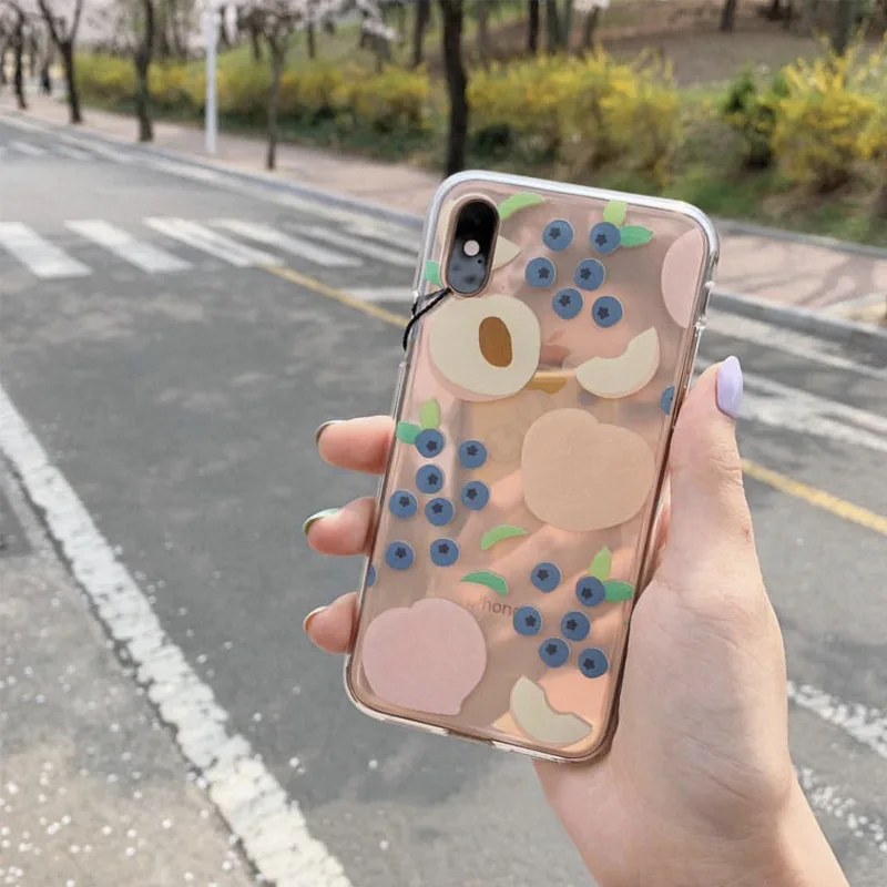 Summer fruit pink peach blueberry Korean girl phone case for coque iPhone 7 8 6 s plus XS max silicon For iphone cover X XR |
