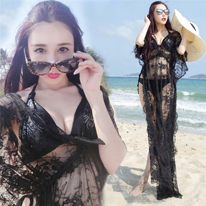 

Boho Women Lace Cover-ups Long Blouses Sexy V-Neck High Waist Thigh-high Slit Shirt Smock Beach Wear Sheer Long Bouses Swimwear
