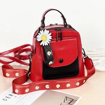 

Kawaii Small Woman Backpack Daisy Pendant Pu Leather Mini Shoulder Back Pack Patchwork Color Backpack Lady Travel Tote Packbag