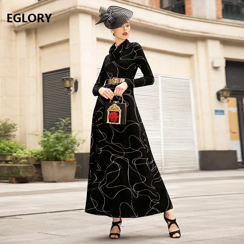 

Turtleneck Long Dress 2019 Winter Warm Party Evening Women Geometric Print White Black Color Block Long Sleeve Maxi Dress XXXL