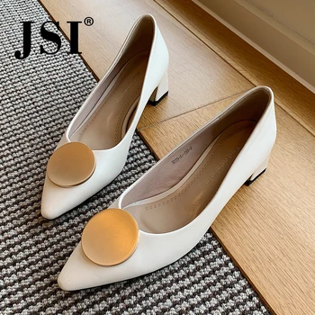 

JSI Pointed Toe Women's Pumps Circle Metal Decoration Office Ladies High Quality Silk Shallow Shoes Handmade Elegant Pumps JO507