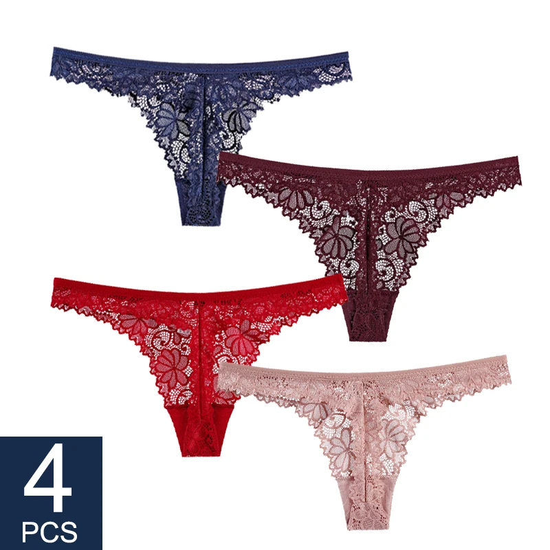 4Pcs Sexy Lace Panties Women Thong Breathable Low Waist Cotton Fashion Women's Hollow out Underwear Underpants Lingerie