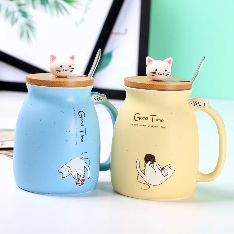 Cute Cat Mug With Lids And Spoon Porcelain Coffee Milk Tea Mugs