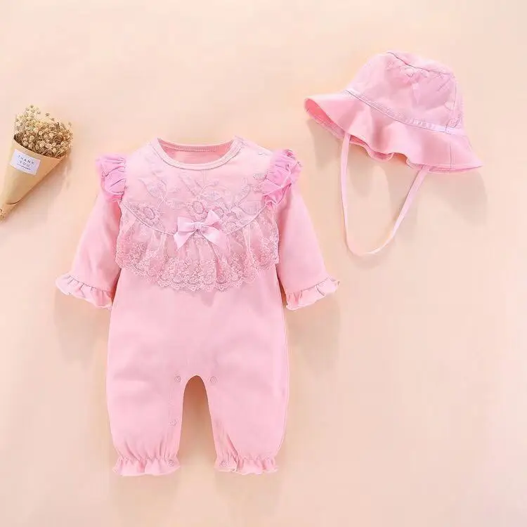 

Baby Girl Rompers Birthday outfits with Cap Set Autumn Lace Ruffle Romper Onsie Wedding Party Princesse Baby Girls Clothes