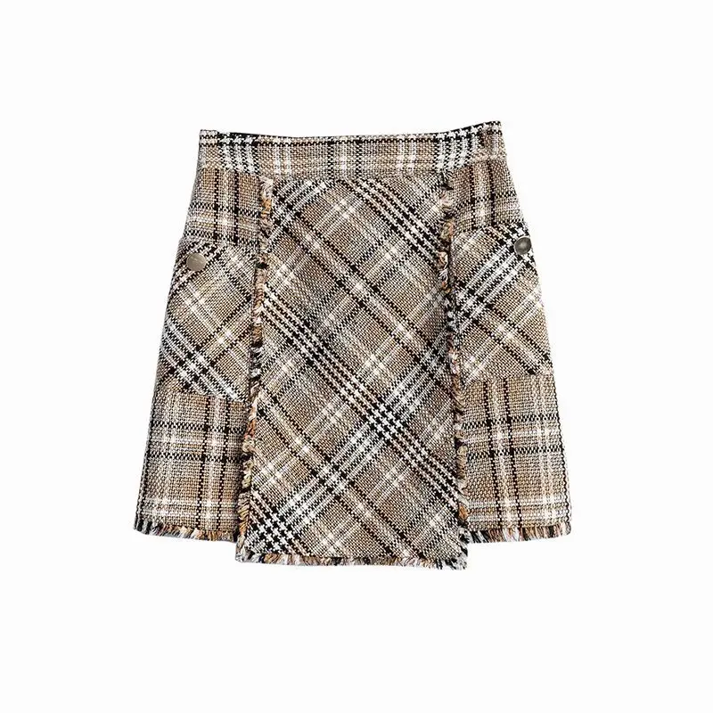 Бежевый qz196 new stylish elegant plaid print tassels soft twill skirt women fashion casual mini tweed skirts saias - Цвет: Бежевый