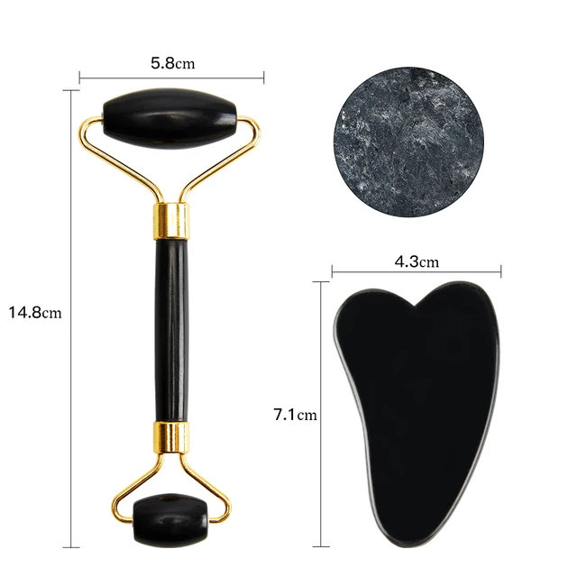 New Jade Roller Massager Gouache Scraper for Face Facial Skin Care Tools Natural Body Back Beauty Lifting Massagers Rollers Set A-Black-Set2