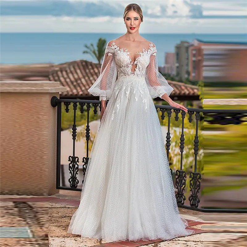 

Sheer Scoop Long Sleeves A-Line Lace Appliques Wedding Dress 2020 V-Shape Back Flare Sleeves Bride Dress Fashion For Wedding