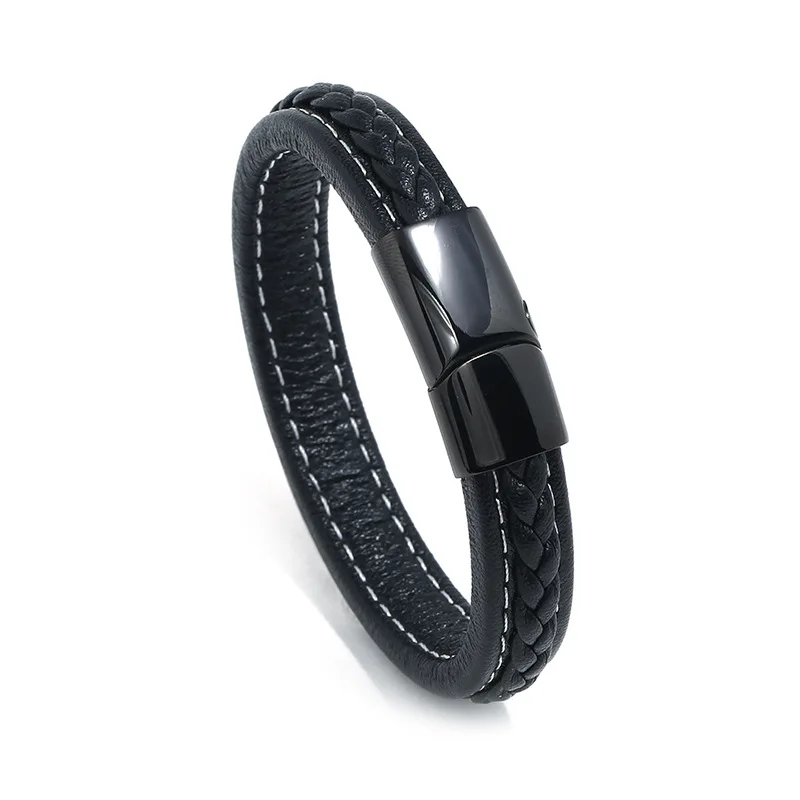 Genuine Leather Braid Stainless Steel Charm Bracelet Magnetic Buckle Clasps Vintage Women Men Bracelets& Bangles Men Jewelry
