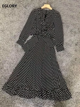 

2020 Spring Fashion Designer Long Dress Women V-Neck Polka Dot Print Bow Tie Elegant Long Sleeve Maxi Dress Chic Party Ladies