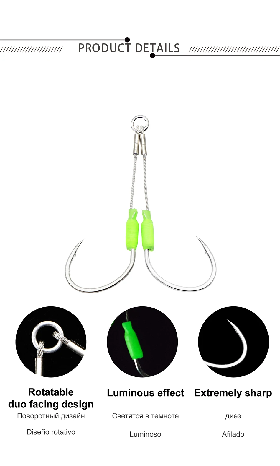 JK 5packs Sea Fishing Hook Steel Wire 7x7 Slow Jigging Size 1/0 2/0 3/0 4/0 5/0 Luminous Double Assist Hook Slow Pitch Tackle