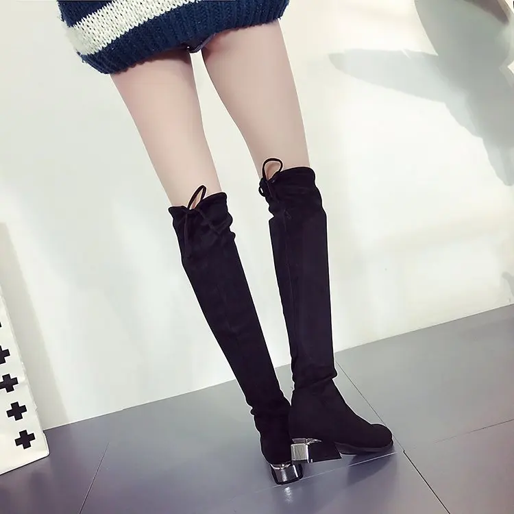 Brand Bright Metal Low Heel Black Thigh High Boots Women Slim Over The Knee Boots Women Winter Short Plush Long Booties Ladies