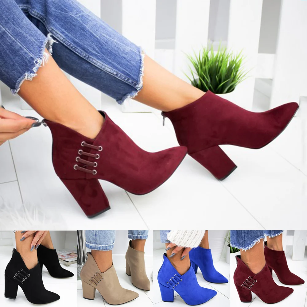 

2019 Women Ankle Boot Shoes Casual Solid Color Pointed Toe Feeetwears Autumn Zip Square High Heel Boots Increased Height Booties