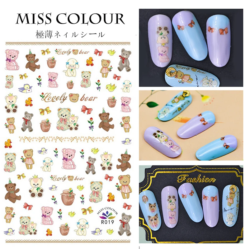 5 листов смешанные стили милый мультяшный медведь кошка наклейки для ногтей