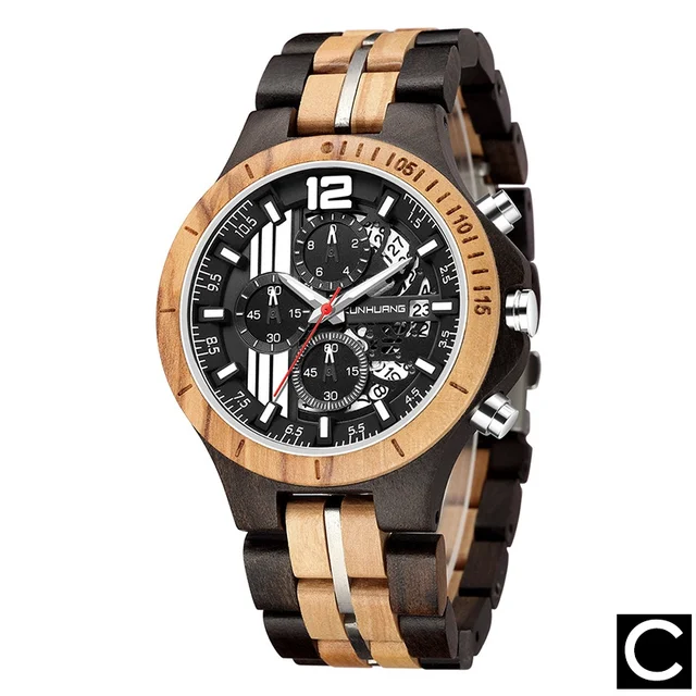 KUNHUANG Sport Top Brand Men's Watches Wooden&Steel Band Luxury Quartz Wood Wristwatches C