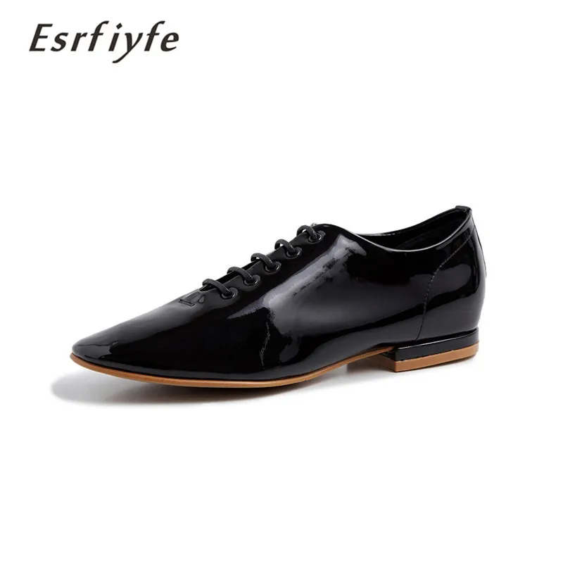 

ESRFIYFE 2020 New Spring Patent Leather Geunine Leather Women Low Heels Pumps Lace Up Solid RoundToe Ladies Shoes Femme Shoes
