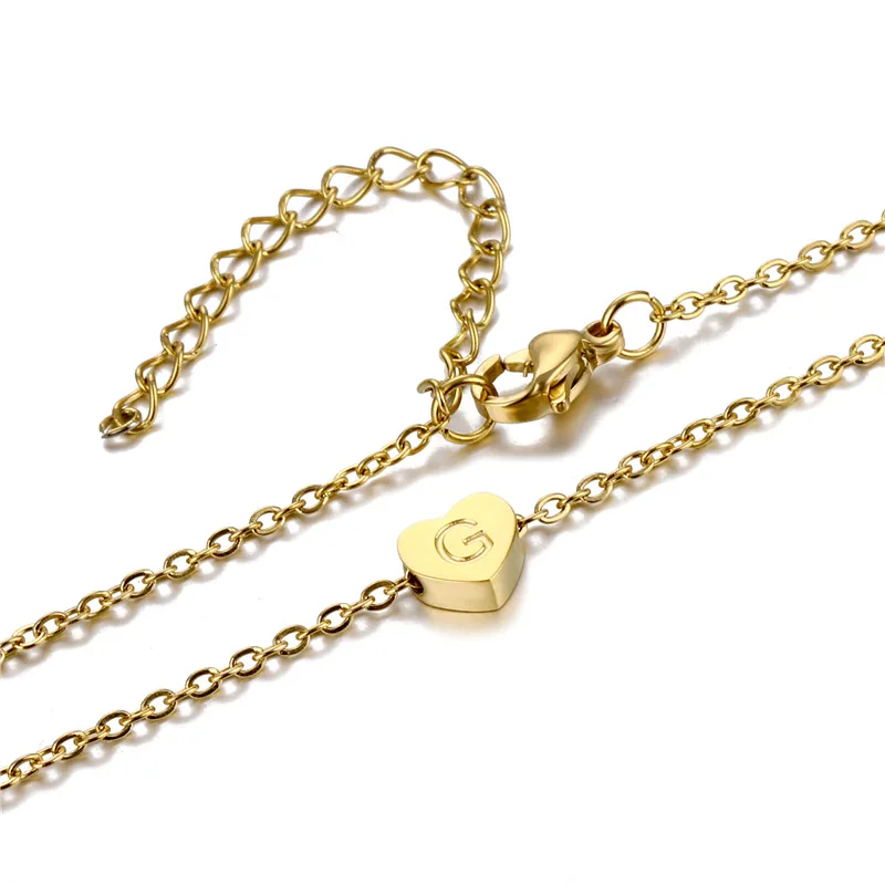 Ailodo Fashion Tiny Heart Initial Necklace Stainless Steel Gold Color Letter Name Necklace For Women Pendant Jewelry Girls Gift