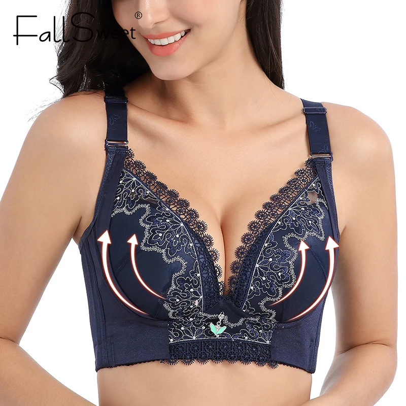 FallSweet Sexy Bras for Women Push Up Bra Deep V Embroidery Brassiere  Wireless Plus Size Lingerie