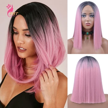 

Short Bob Lace Front Wig For Women Pink Green Blue Ombre Short Straight Synthetic Wig High Temperature Fiber Cosplay