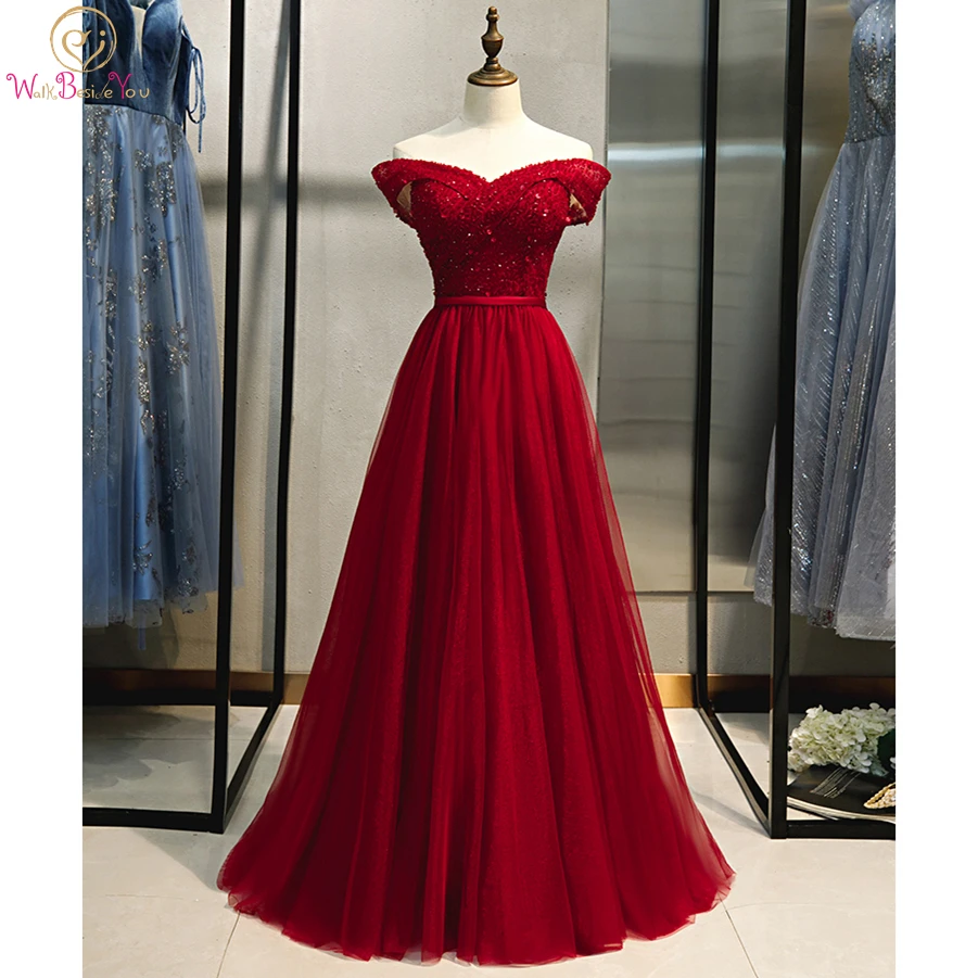 Walk Beside You Plus Size Evening Dresses Long 2022 Burgundy Beading Sequin Off Shoulder Formal Party Prom Gowns custom made