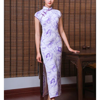 

Customized Women Lady Plain Elegant Violet Traditional Chinese Dress Mandarin Collar Qipao Oversize Long Slim Split Cheongsam
