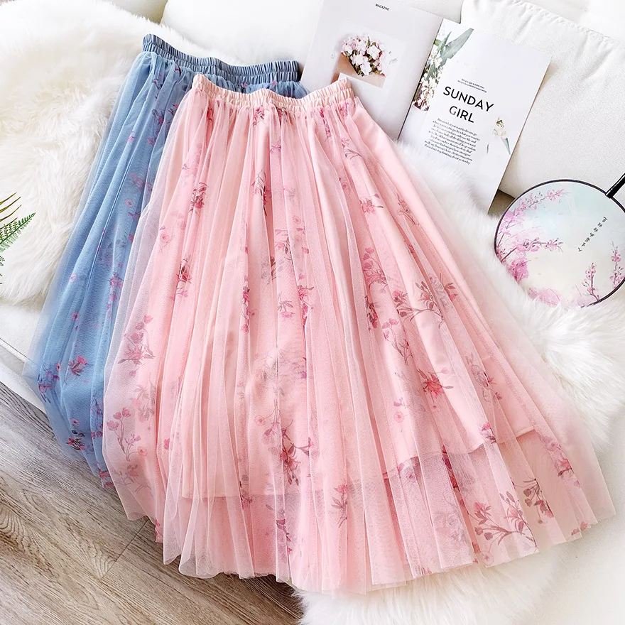 Женские Асимметричные тюлевые юбки Эластичная Высокая талия сетчатая юбка-пачка со складками с цветочным принтом Длинная Юбка-миди
