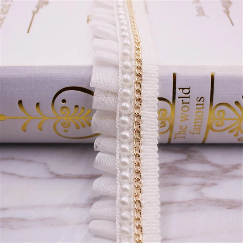 Vintage White Pearl Beaded Cotton Chiffon Embroidered Lace Ribbon Trim Lace Fabric Handmade DIY Wedding Dress Sewing Craft 1yard
