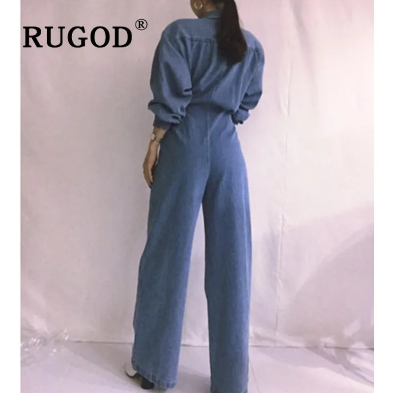 RUGOD джинсовый комбинезон с отложным воротником, сборная Талия, широкие ноги, одежда с длинным рукавом, Комбинезоны для женщин, мода