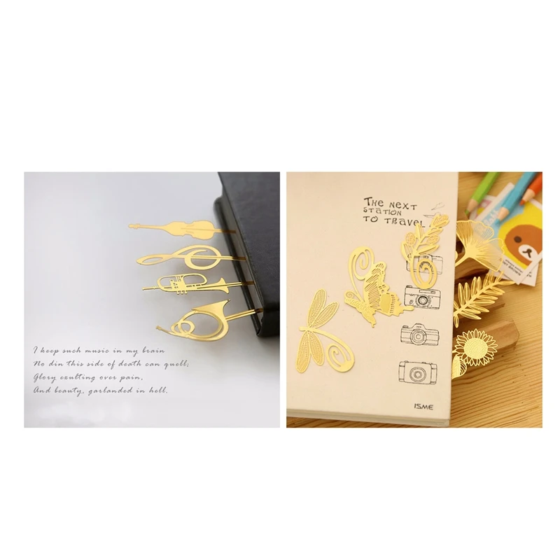 

16 Pcs Metal Golden Bookmarks: 8 Pcs Cute Cartoon Art Bookmark & 8 Pcs Western Instrument Bookmark Vintage Music Bookmark