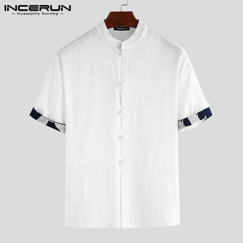 White Shirt INCERUN, винтажная Мужская рубашка, хлопок, стоячий воротник, пэчворк, короткий рукав, Повседневная Уличная, китайский стиль, рубашки, бренд, Camisa S-3XL - Цвет: White Shirt