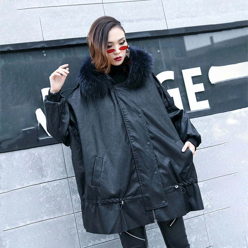 [EAM] Свободная куртка из искусственной кожи с хлопковой подкладкой, новое модное женское пальто с меховым воротником и капюшоном с длинным рукавом на осень и зиму 1H350