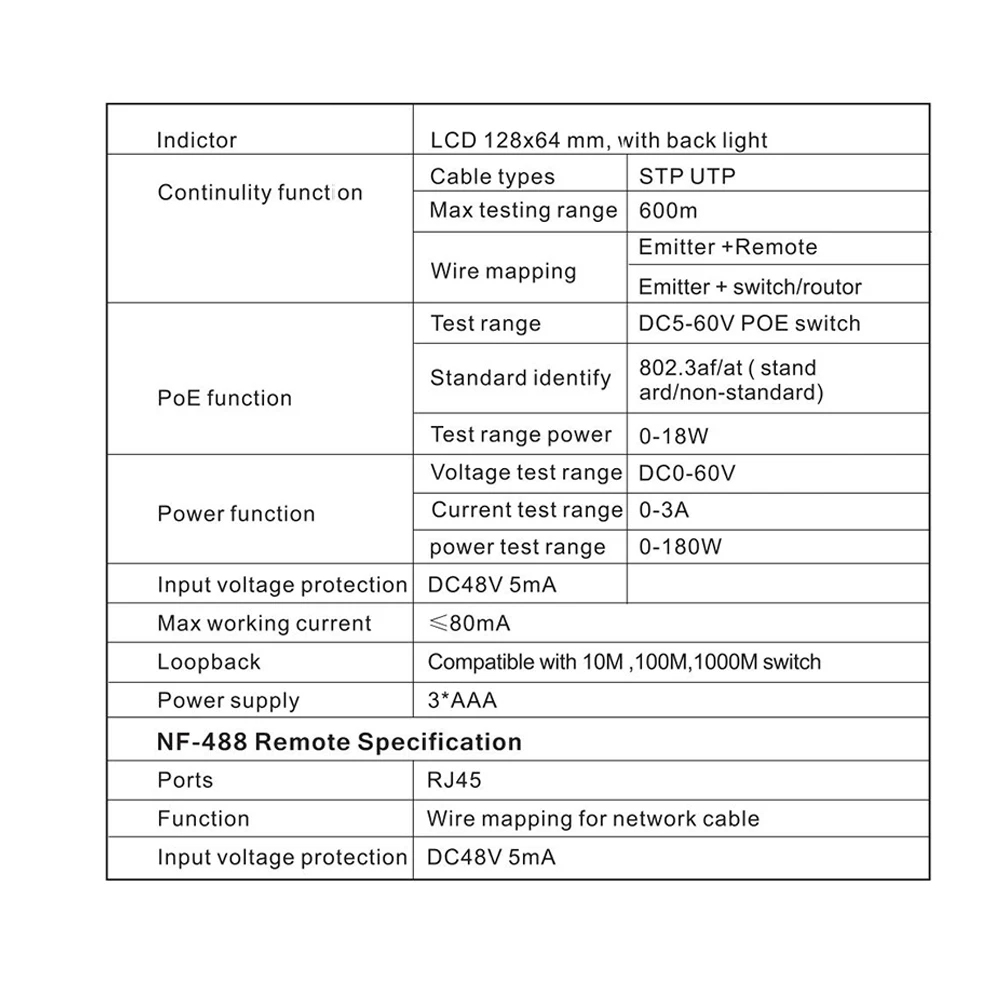 Многофункциональный проводной трекер ЖК-сетевой кабель тестер с портом PoE Checker Inline PoE напряжение и ток с кабельным тестером для сети